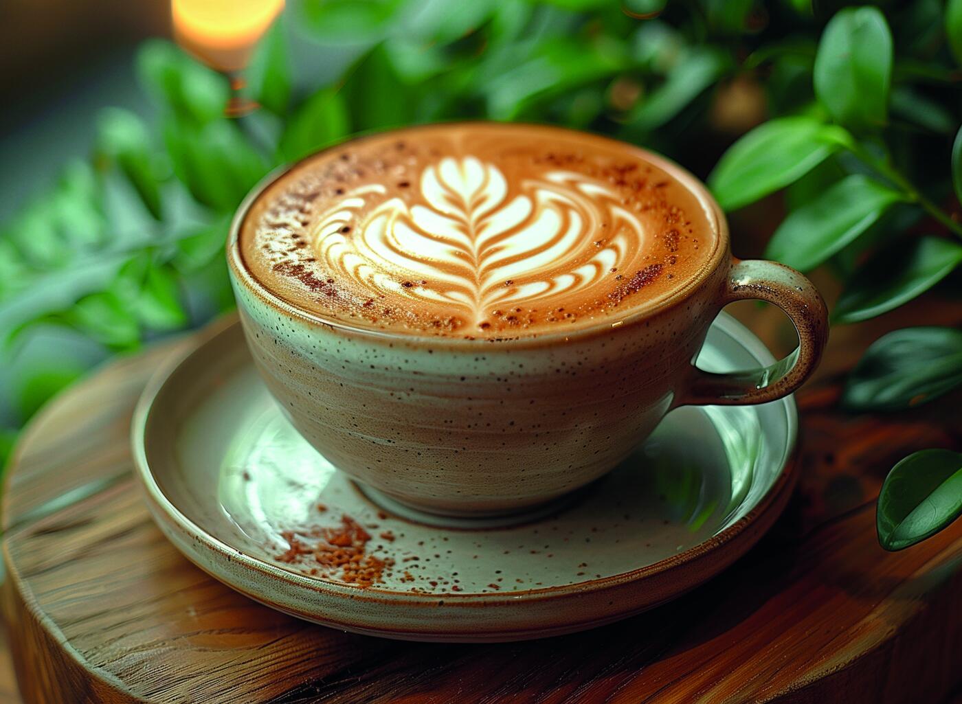 Cappuccino mit Latte Art auf einem Holztisch zwischen Pflanzen