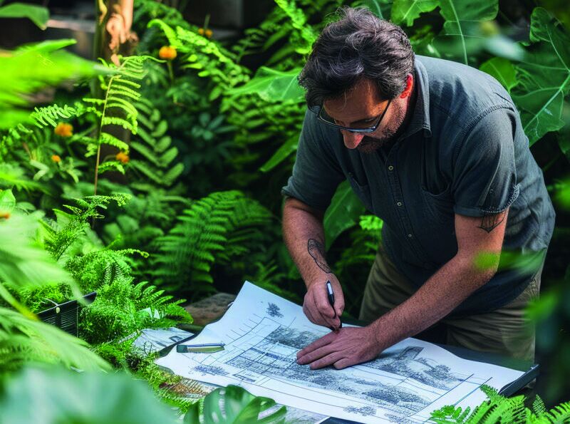 Gärtner zeichnet einen Gartenplan zwischen Farnen